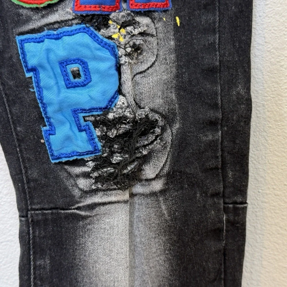 RUE 21 Premium Jeans Mens 34x32 Black Graffiti Skinny Streetwear Grunge Patch